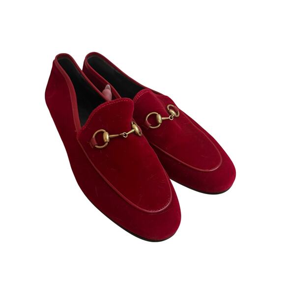 Gucci Shoes - Gucci 1953 Velvet Red Jordan Loafers Suede Gold Horsebit sz 37